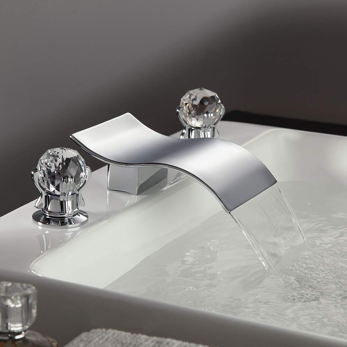 Waterfall Bathroom Sink Faucet with Dual Crystal Handles